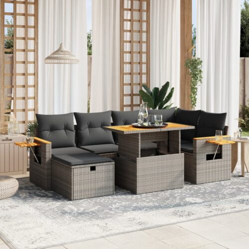7-Piece Garden Sofa Set with Cushions Grey Poly Rattan Wicker Outdoor Patio Furniture - Image 2