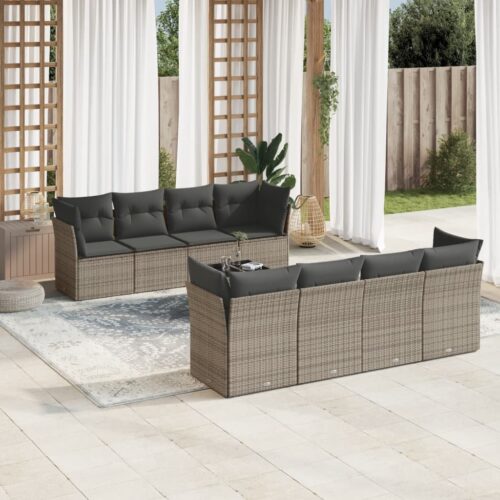 9-Piece Garden Sofa Set with Cushions Grey Poly Rattan Wicker Outdoor Patio Furniture - Image 2