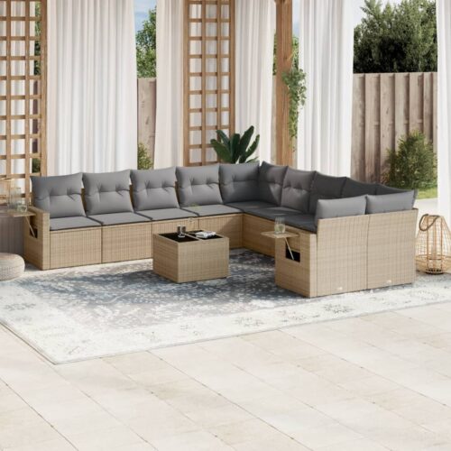 11-Piece Garden Sofa Set with Cushions Beige Poly Rattan Wicker Outdoor Patio Furniture - Image 2