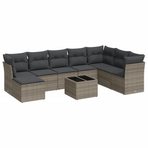 9-Piece Garden Sofa Set with Cushions Grey Poly Rattan Wicker Outdoor Patio Furniture