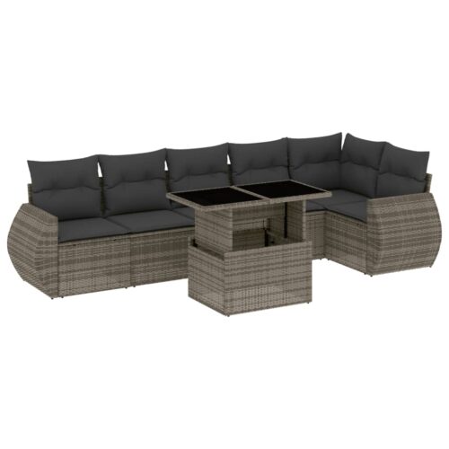7-Piece Garden Sofa Set with Cushions Grey Poly Rattan Wicker Outdoor Patio Furniture