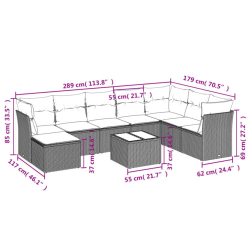 9-Piece Garden Sofa Set with Cushions Grey Poly Rattan Wicker Outdoor Patio Furniture - Image 3