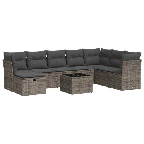 9-Piece Garden Sofa Set with Cushions Grey Poly Rattan Wicker Outdoor Patio Furniture