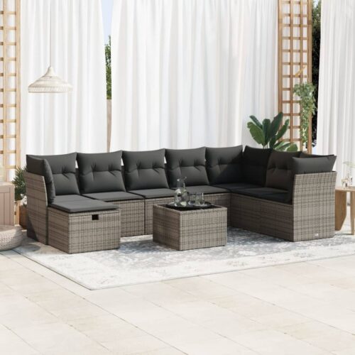 9-Piece Garden Sofa Set with Cushions Grey Poly Rattan Wicker Outdoor Patio Furniture - Image 2