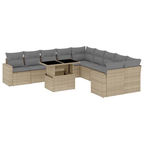 11-Piece Garden Sofa Set with Cushions Beige Poly Rattan Wicker Outdoor Patio Furniture - Image 13