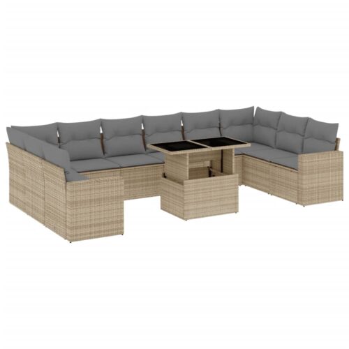 11-Piece Garden Sofa Set with Cushions Beige Poly Rattan Wicker Outdoor Patio Furniture