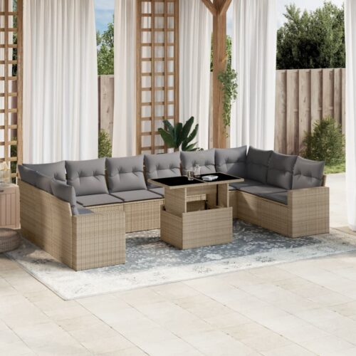 11-Piece Garden Sofa Set with Cushions Beige Poly Rattan Wicker Outdoor Patio Furniture - Image 2