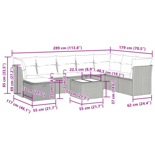 9-Piece Garden Sofa Set with Cushions Grey Poly Rattan Wicker Outdoor Patio Furniture - Image 12