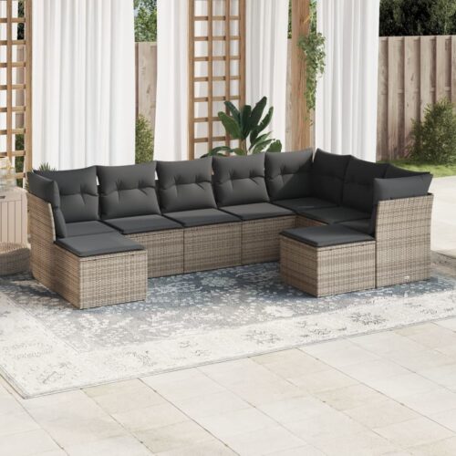 9-Piece Garden Sofa Set with Cushions Grey Poly Rattan Wicker Outdoor Patio Furniture - Image 2