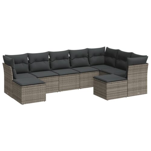 9-Piece Garden Sofa Set with Cushions Grey Poly Rattan Wicker Outdoor Patio Furniture - Image 5