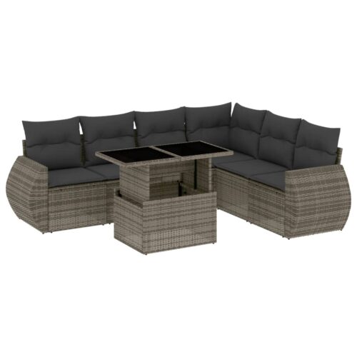 7-Piece Garden Sofa Set with Cushions Grey Poly Rattan Wicker Outdoor Patio Furniture