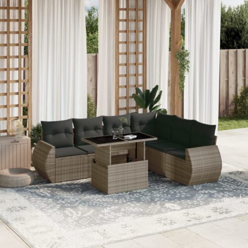 7-Piece Garden Sofa Set with Cushions Grey Poly Rattan Wicker Outdoor Patio Furniture - Image 2
