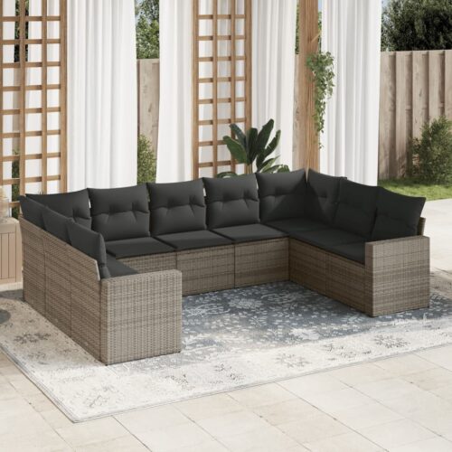 9-Piece Garden Sofa Set with Cushions Grey Poly Rattan Wicker Outdoor Patio Furniture - Image 2