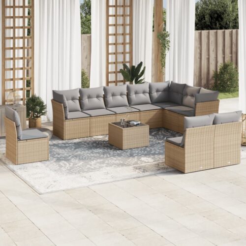 11-Piece Garden Sofa Set with Cushions Beige Poly Rattan Wicker Outdoor Patio Furniture - Image 2