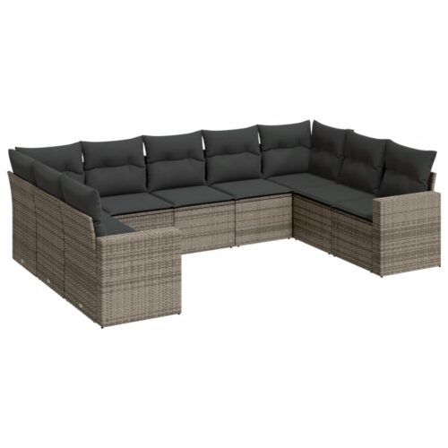9-Piece Garden Sofa Set with Cushions Grey Poly Rattan Wicker Outdoor Patio Furniture - Image 5