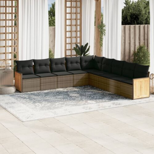 9-Piece Garden Sofa Set with Cushions Grey Poly Rattan Wicker Outdoor Patio Furniture - Image 2