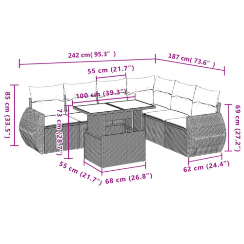 7-Piece Garden Sofa Set with Cushions Grey Poly Rattan Wicker Outdoor Patio Furniture - Image 10