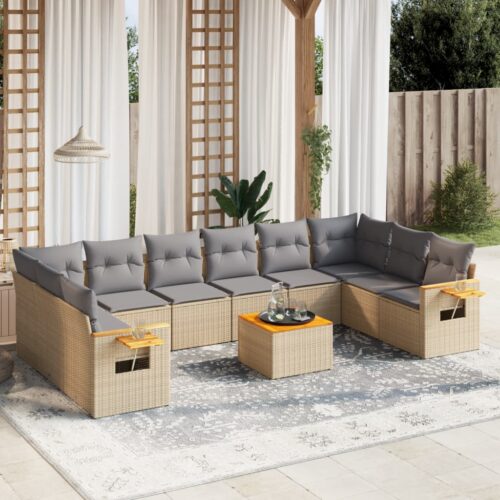 11-Piece Garden Sofa Set with Cushions Beige Poly Rattan Wicker Outdoor Patio Furniture - Image 2