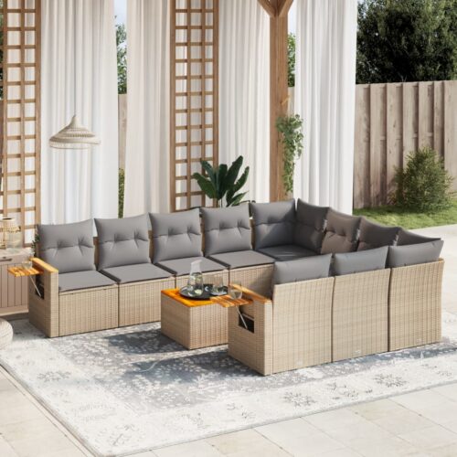 11-Piece Garden Sofa Set with Cushions Beige Poly Rattan Wicker Outdoor Patio Furniture - Image 2