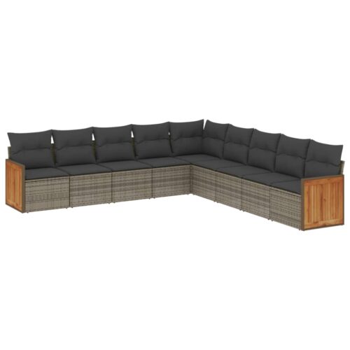 9-Piece Garden Sofa Set with Cushions Grey Poly Rattan Wicker Outdoor Patio Furniture - Image 13