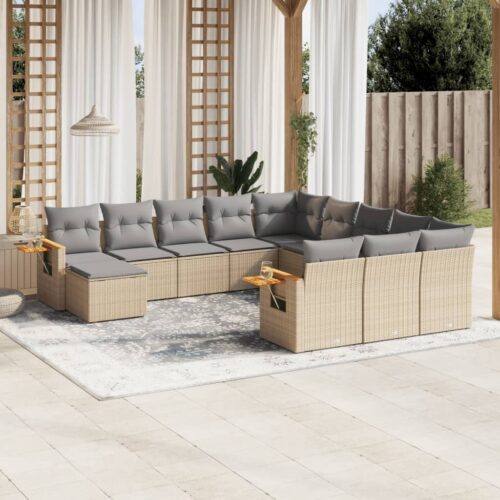 11-Piece Garden Sofa Set with Cushions Beige Poly Rattan Wicker Outdoor Patio Furniture - Image 2