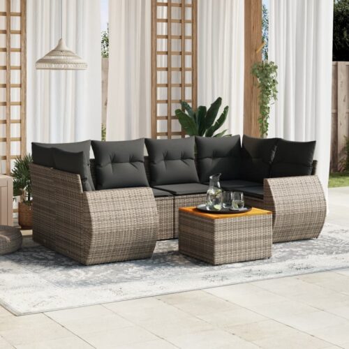 7-Piece Garden Sofa Set with Cushions Grey Poly Rattan Wicker Outdoor Patio Furniture - Image 2