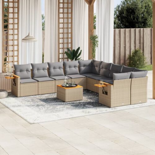 11-Piece Garden Sofa Set with Cushions Beige Poly Rattan Wicker Outdoor Patio Furniture - Image 2