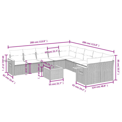 11-Piece Garden Sofa Set with Cushions Beige Poly Rattan Wicker Outdoor Patio Furniture - Image 3