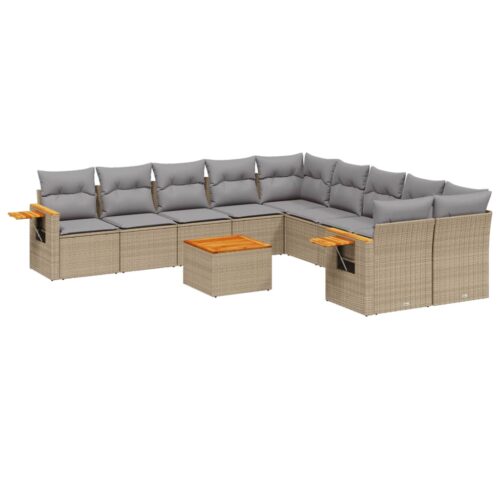11-Piece Garden Sofa Set with Cushions Beige Poly Rattan Wicker Outdoor Patio Furniture - Image 5