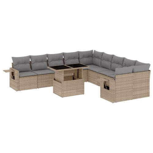 11-Piece Garden Sofa Set with Cushions Beige Poly Rattan Wicker Outdoor Patio Furniture
