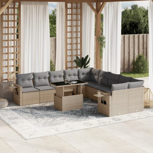 11-Piece Garden Sofa Set with Cushions Beige Poly Rattan Wicker Outdoor Patio Furniture - Image 2