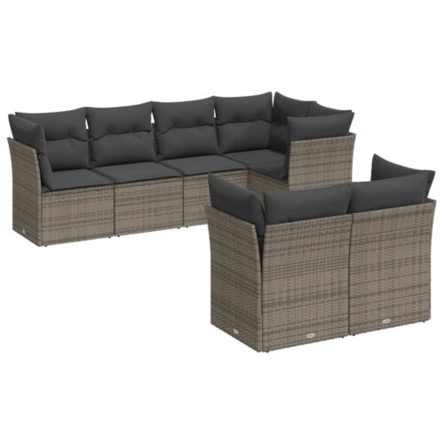 7-Piece Garden Sofa Set with Cushions Grey Poly Rattan Wicker Outdoor Patio Furniture - Image 5