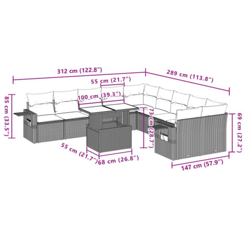 11-Piece Garden Sofa Set with Cushions Beige Poly Rattan Wicker Outdoor Patio Furniture - Image 11