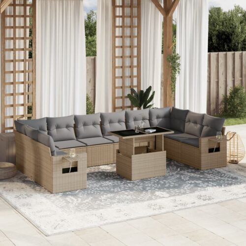 11-Piece Garden Sofa Set with Cushions Beige Poly Rattan Wicker Outdoor Patio Furniture - Image 2