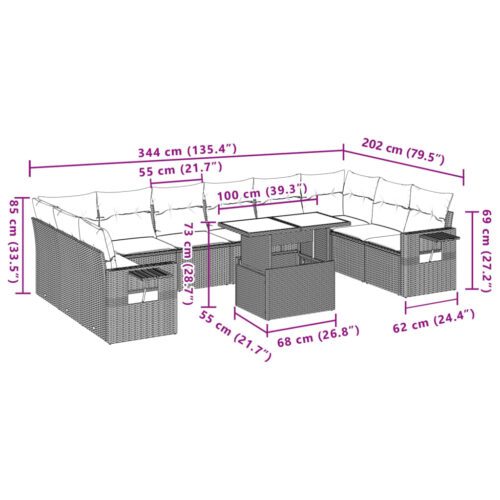 11-Piece Garden Sofa Set with Cushions Beige Poly Rattan Wicker Outdoor Patio Furniture - Image 11