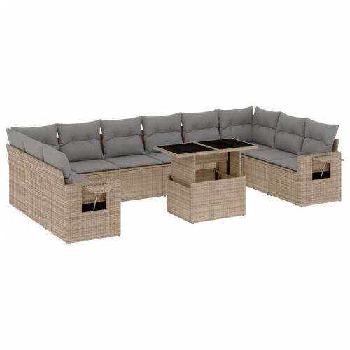 11-Piece Garden Sofa Set with Cushions Beige Poly Rattan Wicker Outdoor Patio Furniture - Image 13