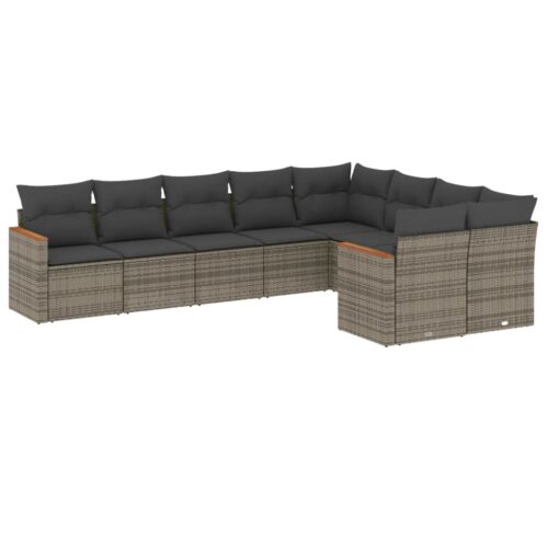 9-Piece Garden Sofa Set with Cushions Grey Poly Rattan Wicker Outdoor Patio Furniture - Image 13
