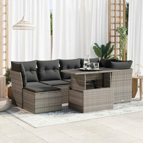 7-Piece Garden Sofa Set with Cushions Grey Poly Rattan Wicker Outdoor Patio Furniture - Image 2