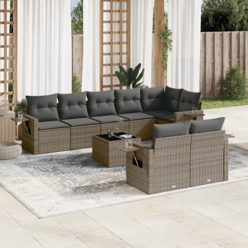 9-Piece Garden Sofa Set with Cushions Grey Poly Rattan Wicker Outdoor Patio Furniture - Image 2