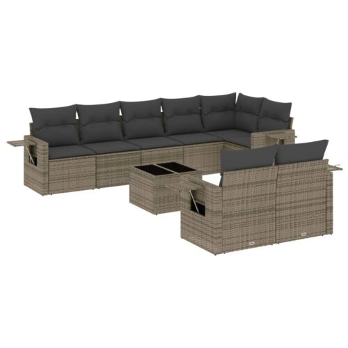 9-Piece Garden Sofa Set with Cushions Grey Poly Rattan Wicker Outdoor Patio Furniture - Image 14