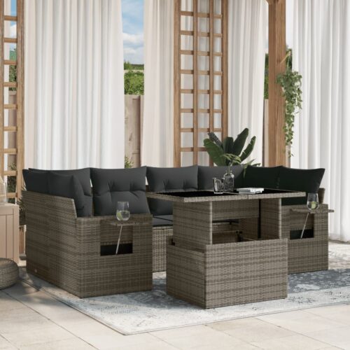 7-Piece Garden Sofa Set with Cushions Grey Poly Rattan Wicker Outdoor Patio Furniture - Image 2