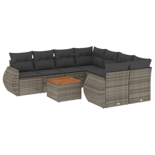 9-Piece Garden Sofa Set with Cushions Grey Poly Rattan Wicker Outdoor Patio Furniture - Image 14