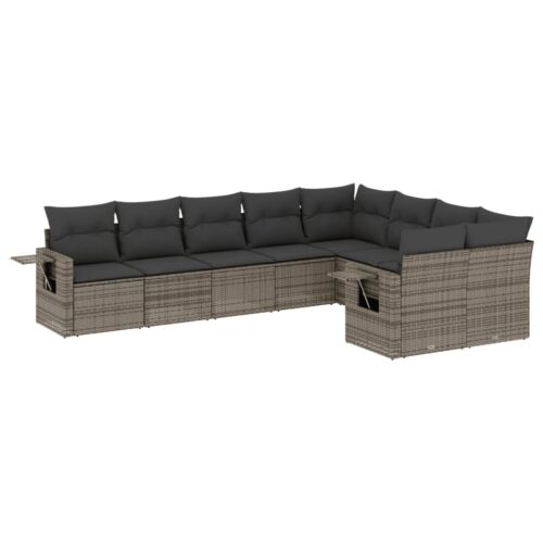 9-Piece Garden Sofa Set with Cushions Grey Poly Rattan Wicker Outdoor Patio Furniture