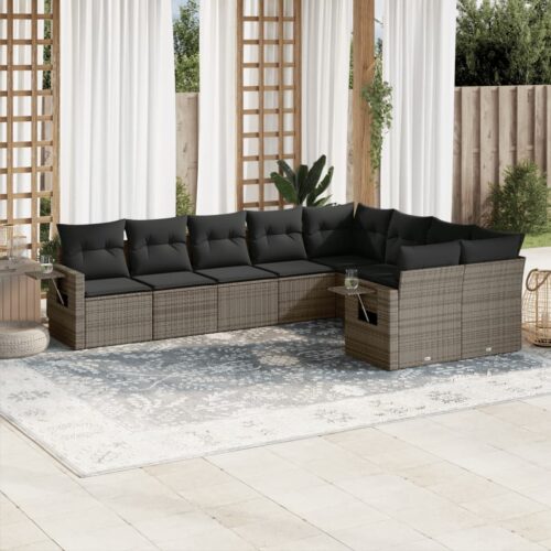 9-Piece Garden Sofa Set with Cushions Grey Poly Rattan Wicker Outdoor Patio Furniture - Image 2