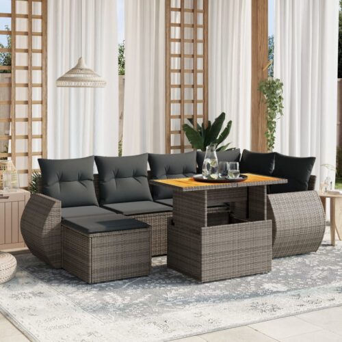 7-Piece Garden Sofa Set with Cushions Grey Poly Rattan Wicker Outdoor Patio Furniture - Image 2