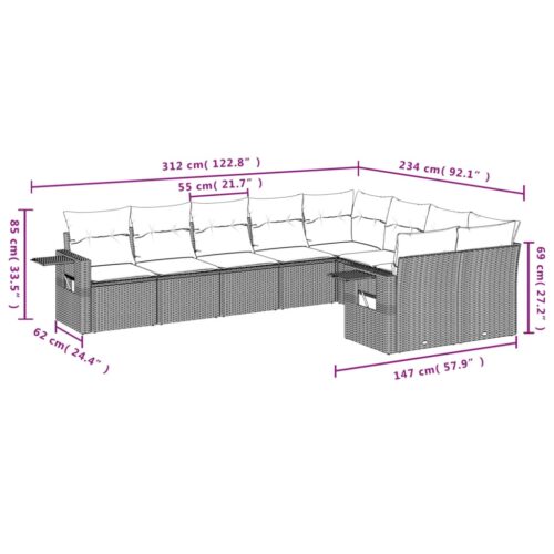 9-Piece Garden Sofa Set with Cushions Grey Poly Rattan Wicker Outdoor Patio Furniture - Image 7