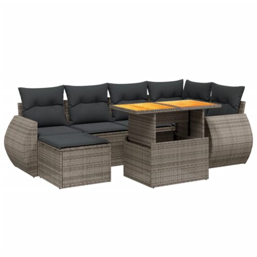 7-Piece Garden Sofa Set with Cushions Grey Poly Rattan Wicker Outdoor Patio Furniture - Image 6