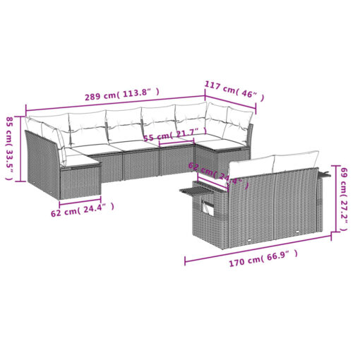9-Piece Garden Sofa Set with Cushions Grey Poly Rattan Wicker Outdoor Patio Furniture - Image 8