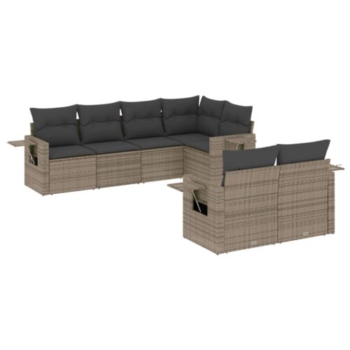 7-Piece Garden Sofa Set with Cushions Grey Poly Rattan Wicker Outdoor Patio Furniture - Image 5