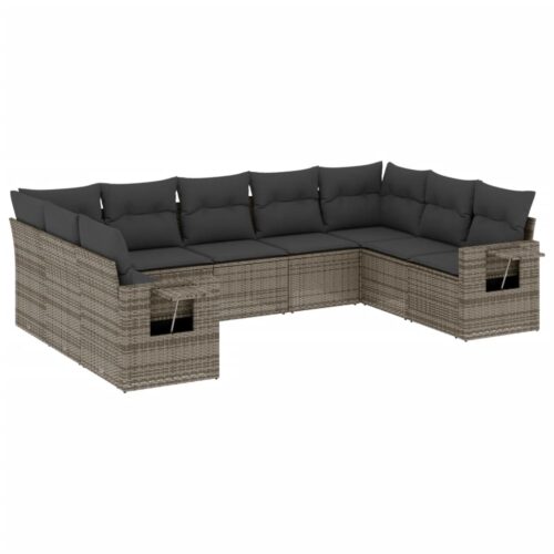 9-Piece Garden Sofa Set with Cushions Grey Poly Rattan Wicker Outdoor Patio Furniture - Image 12